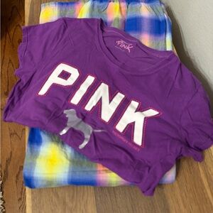 Vintage Purple PINK Logo T-Shirt with Plaid Pajama Pants